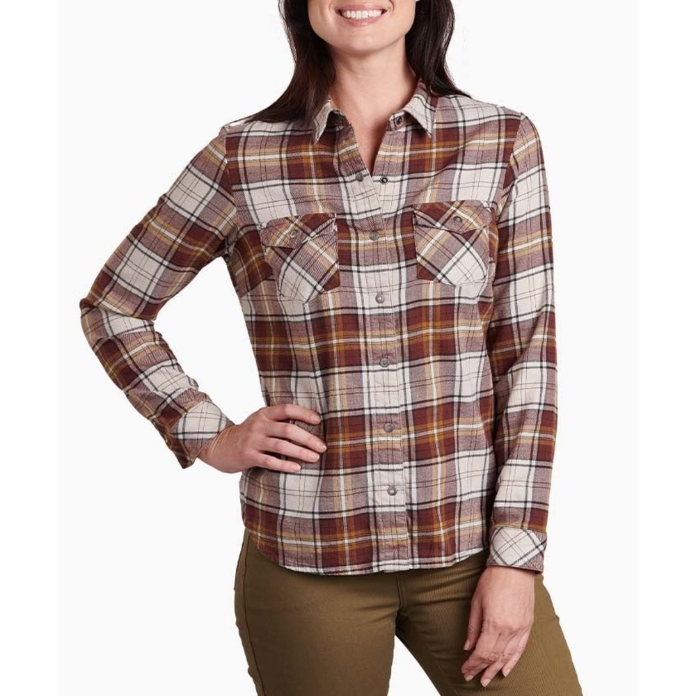 KUHL Tess Flannel Long Sleeve Shirt Brown Plaid Snap Front NWT Large Gorpcore